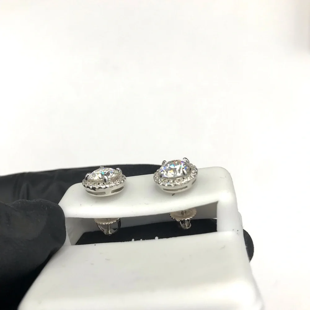 925 Sterling Silver 3.00CT MOISSANITE Halo Stud Earrings Screw Back